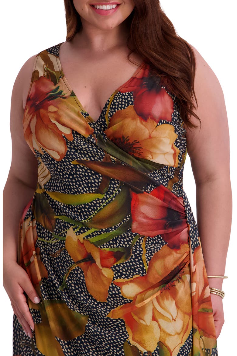 Printed Mesh Asymmetrical Faux Wrap Dress, Alternate, color, MULTI ORANGE
