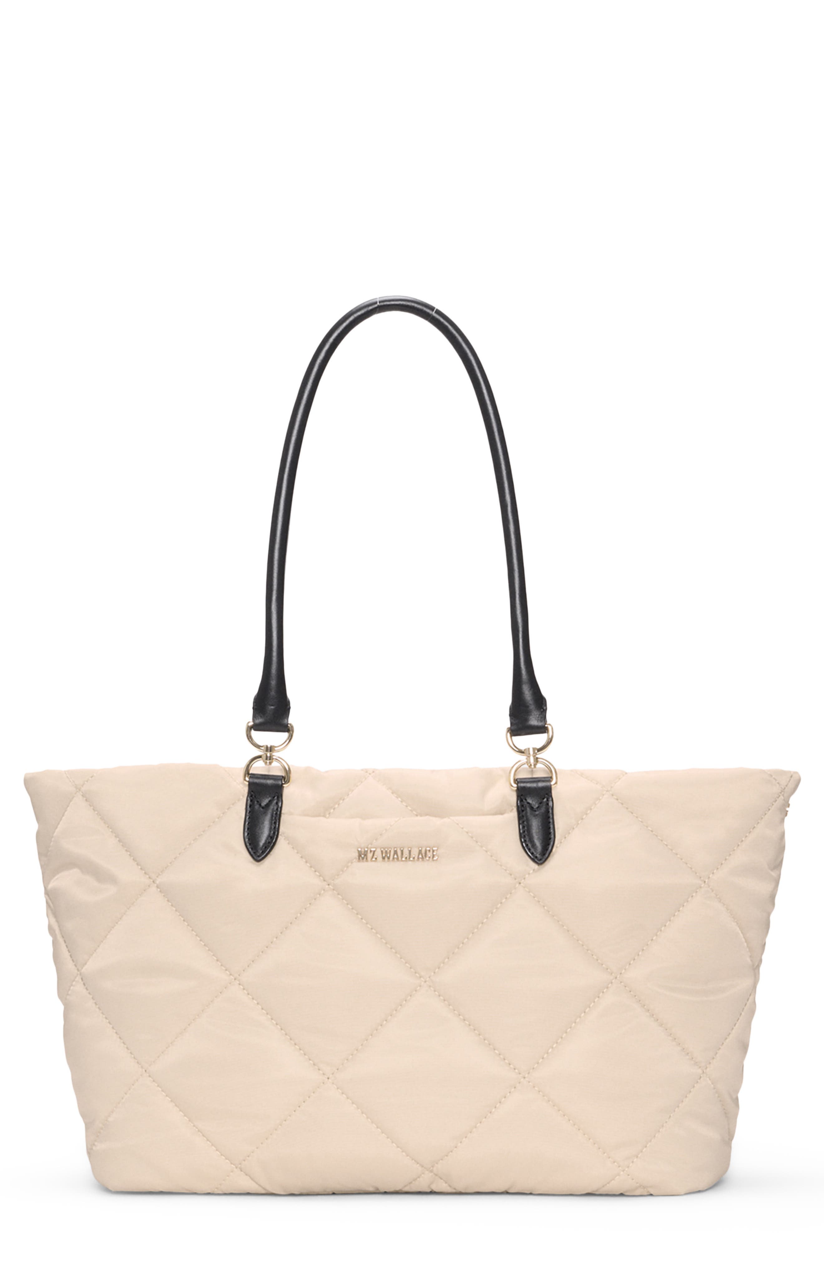 Medium Madison East/West Quilted Nylon Tote, Main, color, BUFF/ BLACK