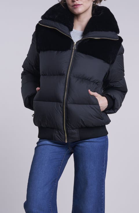 Water Resistant 700 Fill Power Down Jacket with Genuine Shearling Trim