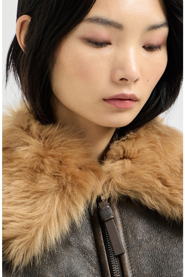 Vintage-effect shearling bomber jacket with shiny zipper pull, Alternate, color, Hazelnut