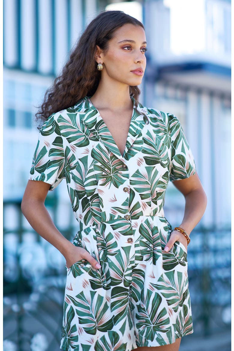 Leaf Print Retro Playsuit, Alternate, color, Green