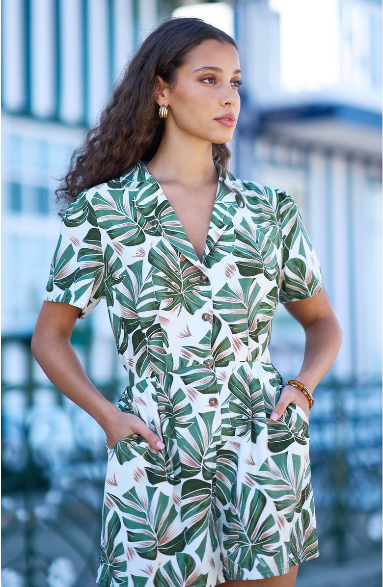 Yumi Viscose Leaf Print Retro Playsuit, Alternate, color, Green