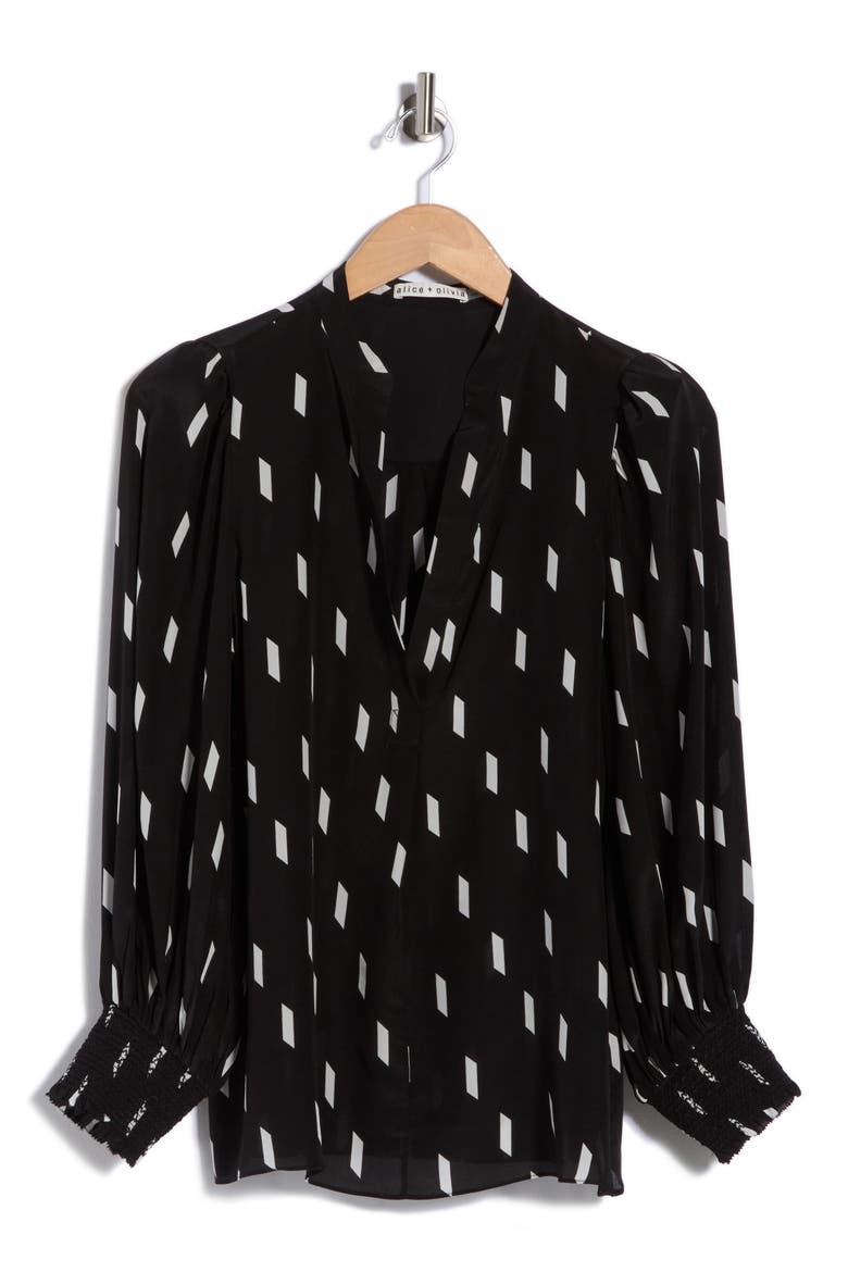 Sheila Blouson Sleeve Silk Top, Alternate, color, RIBBON TAPE BLACK/ SFT WHITE