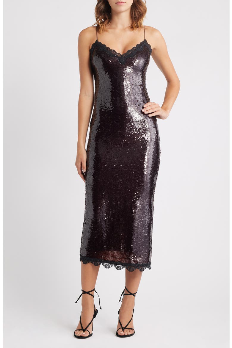 Verelith Sequin Lace Trim Cocktail Dress, Main, color, CHOCOLATE BROWN