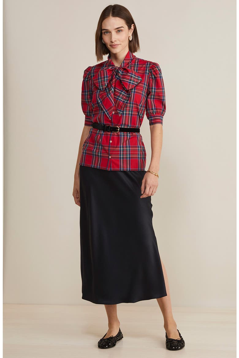 Plaid Bow Neck Stretch Cotton Poplin Button-Up Shirt, Alternate, color, ROYAL STEWART - RED