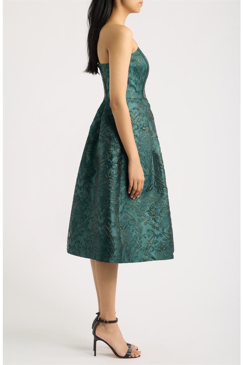 Metallic Brocade Convertible Strapless Cocktail Midi Dress, Alternate, color, HUNTER