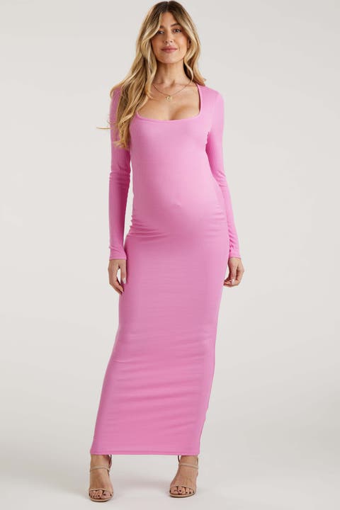 Ribbed Long Sleeve Square Neck Maxi Dress
