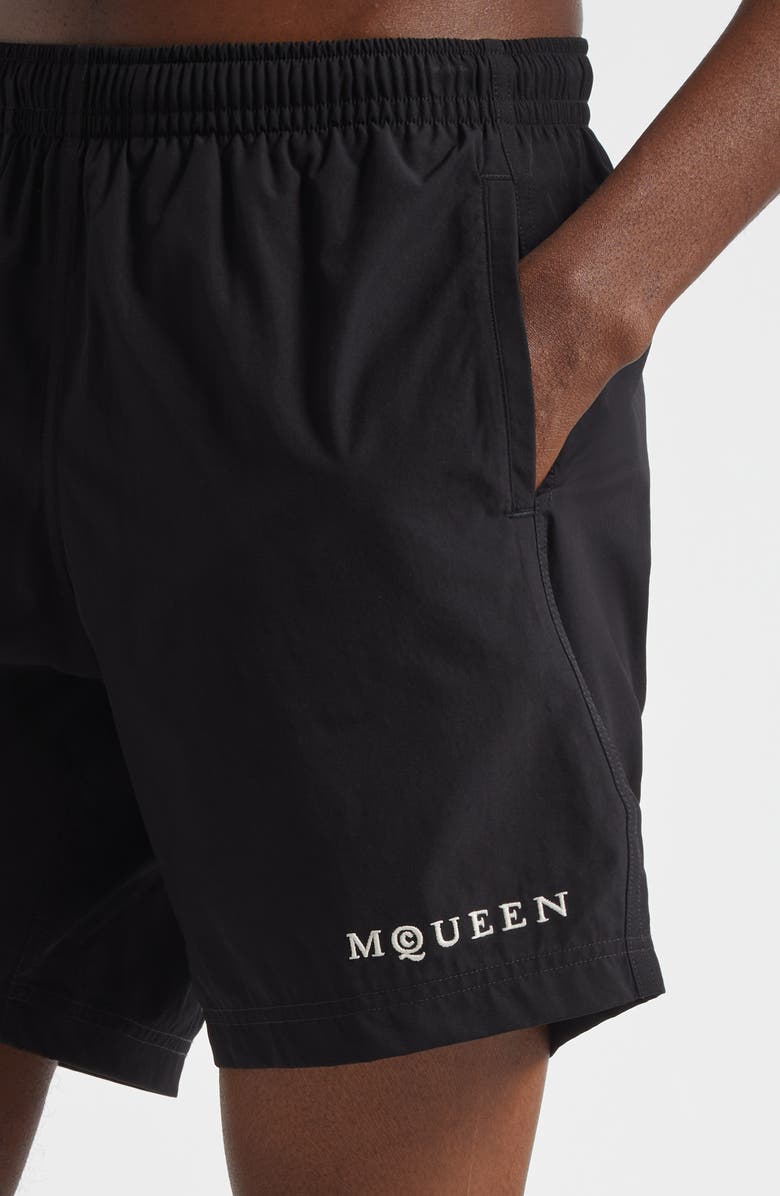McQueen Embroidered Logo Swim Trunks, Alternate, color, Black
