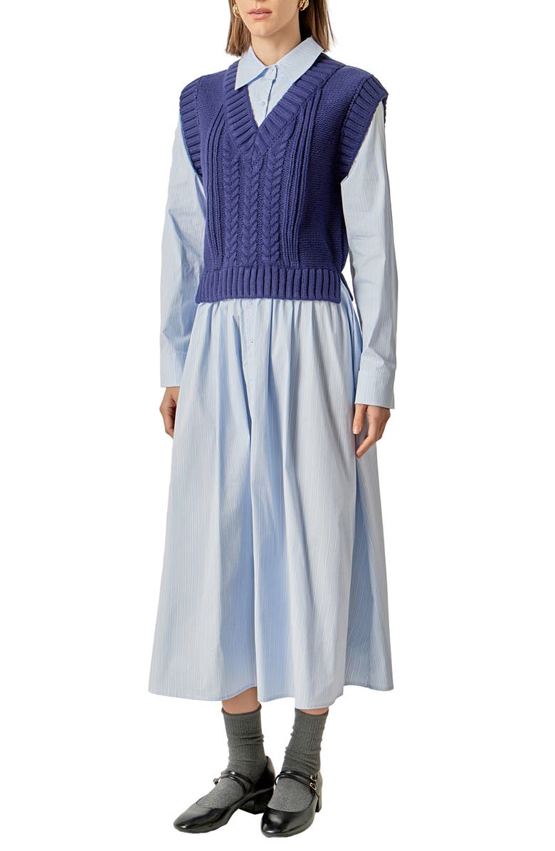 English Factory Vest Mixed Media Maxi Shirtdress, Alternate, color, Dark Navy