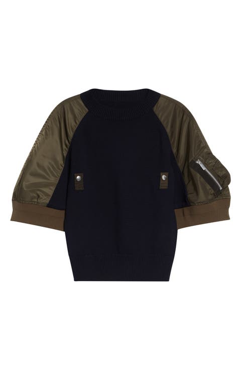 Mixed Media Knit & Nylon Twill Cardigan