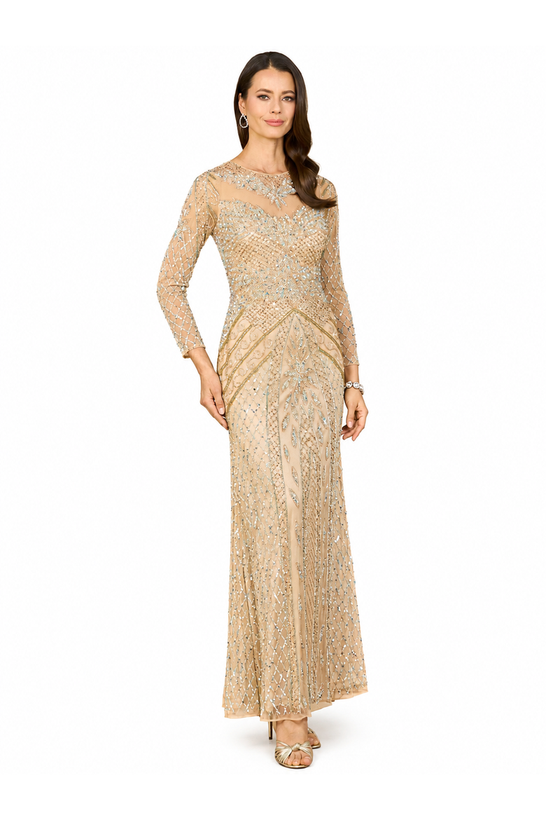 Illusion Neck, Long Sleeve Beaded Gown, Main, color, Nude/Multi