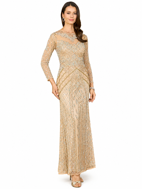 Illusion Neck, Long Sleeve Beaded Gown