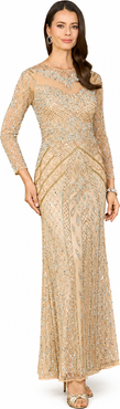 LARA New York Illusion Neck, Long Sleeve Beaded Gown