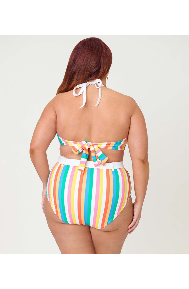 Unique Vintage Plus Size Bow Halter Swim Top, Alternate, color, Blue Rainbow Stripe