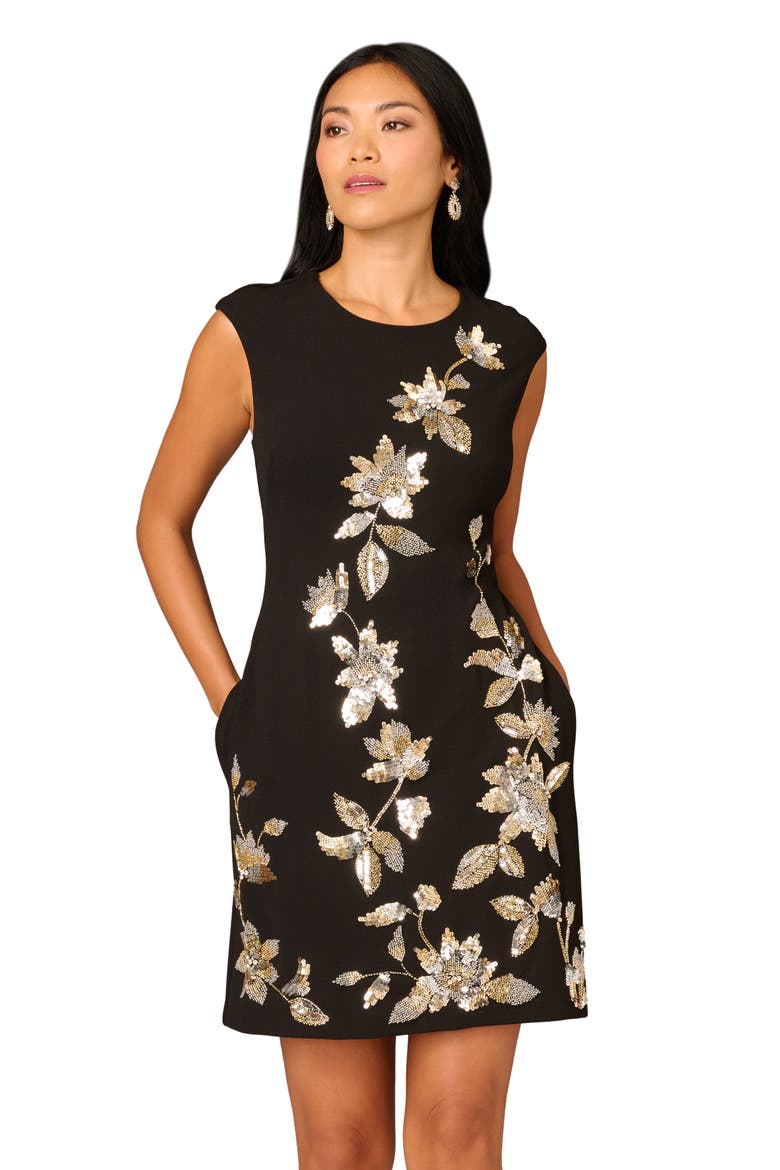 Beaded Crepe Sheath Dress, Alternate, color, BLACK