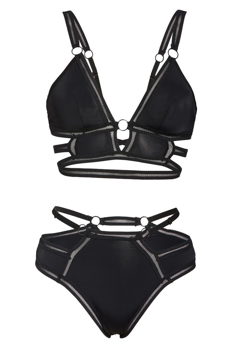 Along the Lines Bra & High Waist Panties Set, Alternate, color, BLACK