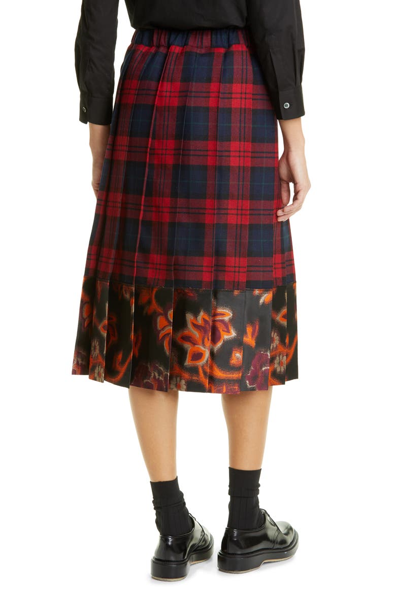 Tricot Comme des Garçons Pleated Check Flannel & Brocade Skirt, Alternate, color, RED/ NAVY X BLK/ RED