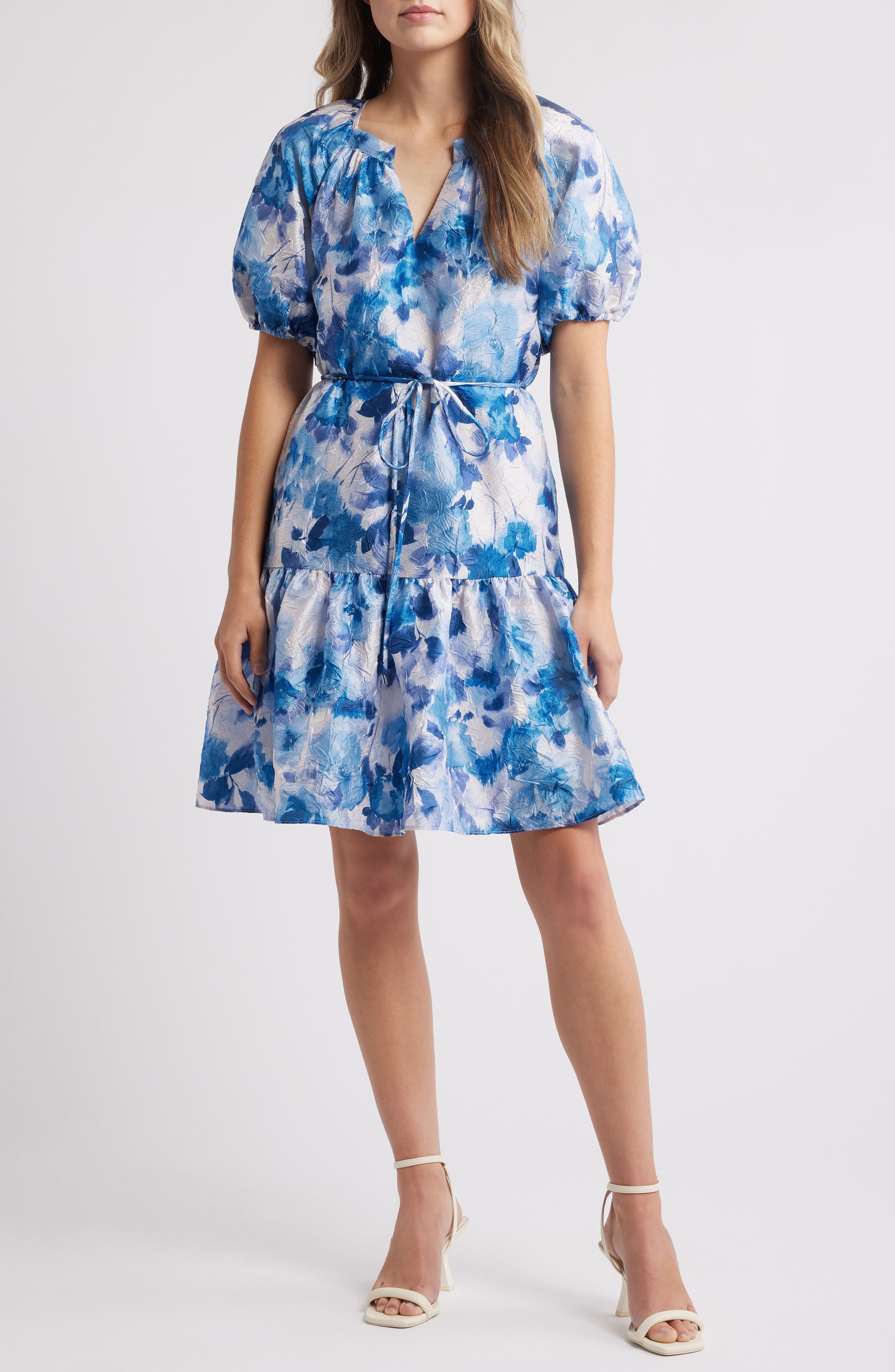 Julia Jordan Floral Puff Sleeve Crinkle Minidress (Women) | Nordstrom