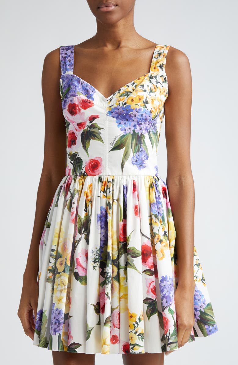 Dolce&Gabbana Garden Floral Print Pleated Cotton Blend Minidress, Alternate, color,