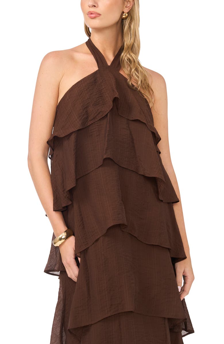 Vince Camuto Tiered Halter Midi Dress, Alternate, color, Mocha