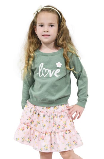 Shop Zunie Kids' Love Sweater & Tiered Skirt Set In Sage/blush