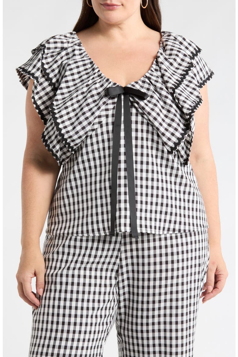 Dovery Gingham Ruffle Top, Main, color, BLACK-WHITE