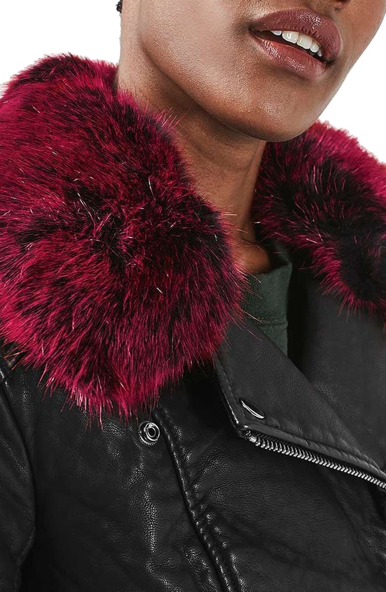 Topshop 'Honey' Faux Fur Collar Faux Leather Moto Jacket, Alternate, color,