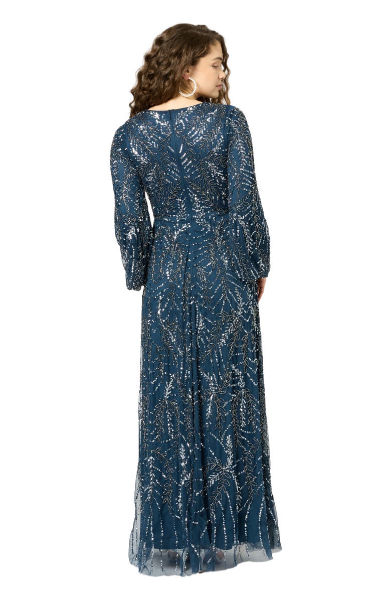 MARYISA Occasion Modest Embellished Sequin Beaded Floral Long Sleeves Evening Maxi Dress, Alternate, color, Navy