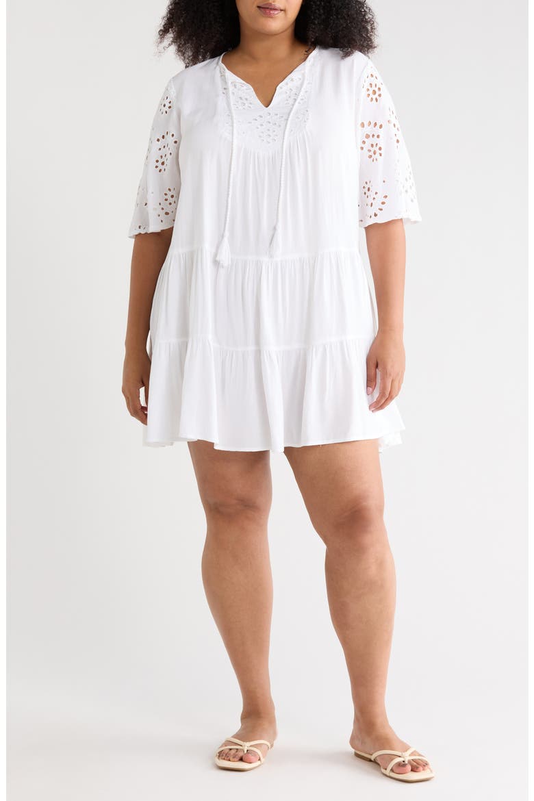 Eyelet Short Sleeve Cover-Up, Main, color, WHITE