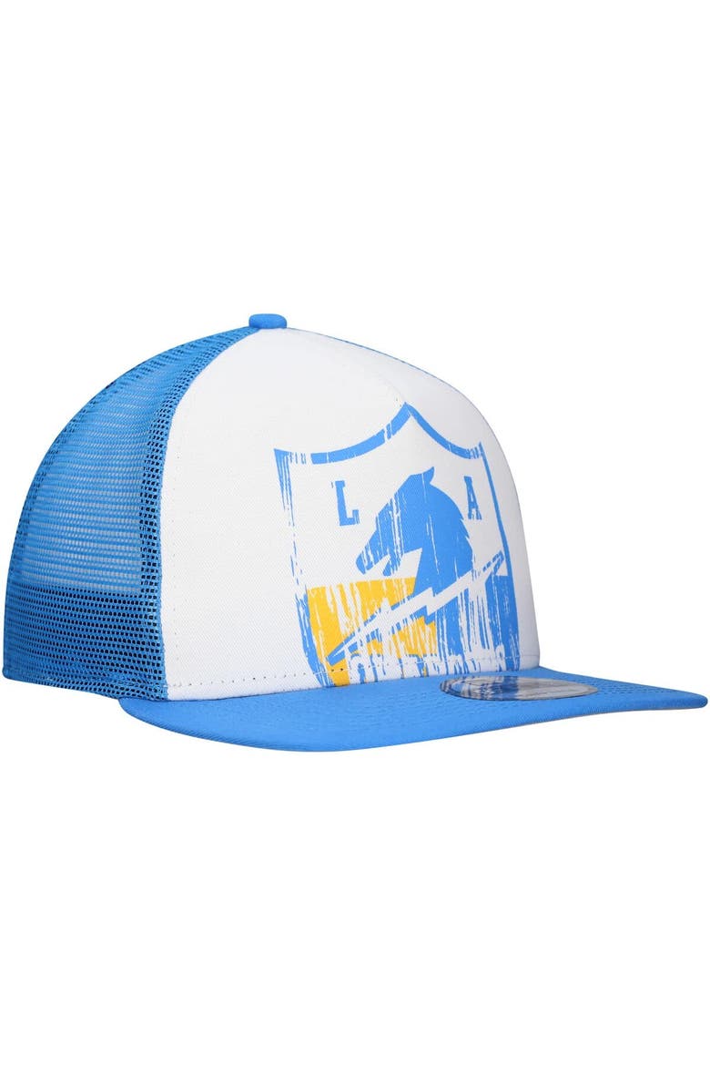 Men's New Era White/Powder Blue Los Angeles Chargers Distressed 9FIFTY A-Frame Snapback Hat, Alternate, color, White