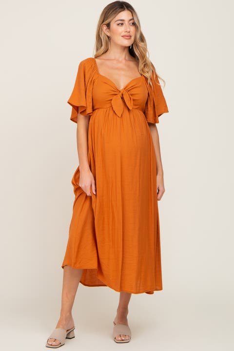 Front Tie Ruffle Sleeve Midi Dress