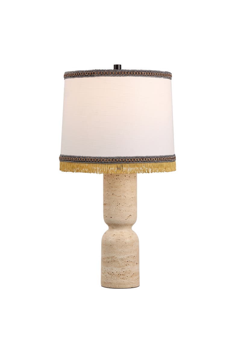 Lacy Organic Modern Sculptural Hourglass Travertine Stone with Fringed Drum Shade LED Table Lamp, Main, color, Natural Beige Marble