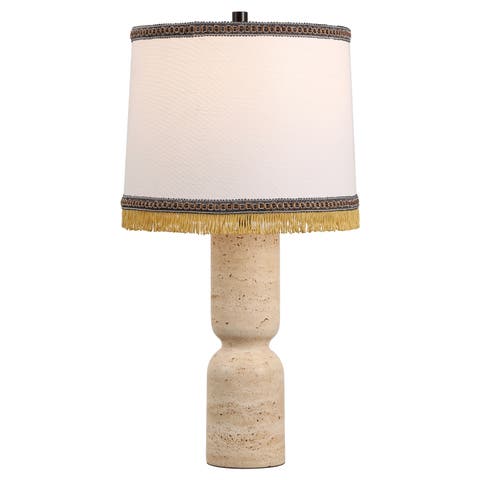 Lacy Organic Modern Sculptural Hourglass Travertine Stone with Fringed Drum Shade LED Table Lamp