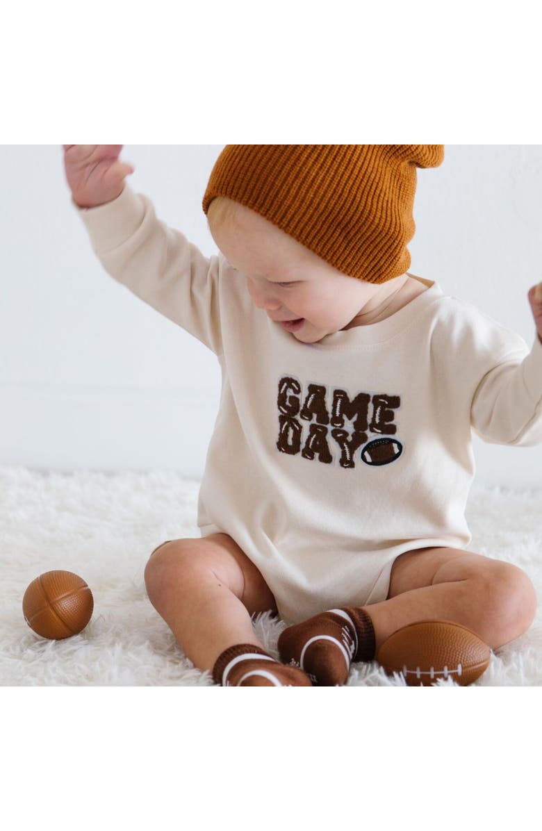 Sweet Wink Game Day Patch Long Sleeve Romper, Alternate, color, Natural