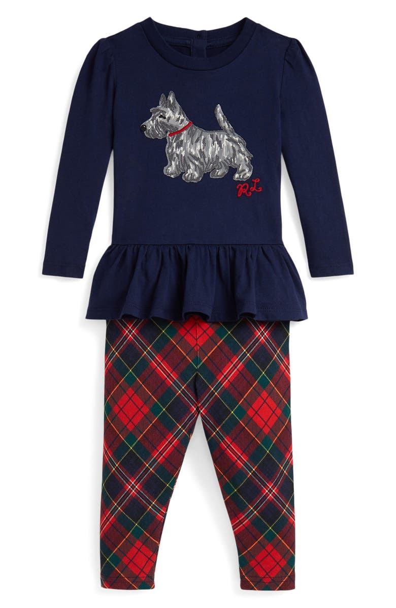 Ralph Lauren Graphic Jersey T-Shirt & Plaid Leggings Set, Main, color, Refined Navy