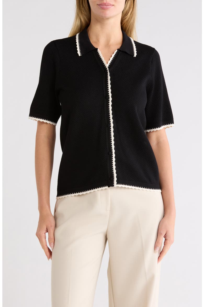 Scallop Trim Short Sleeve Polo Sweater, Main, color, BLACK/ CREAM