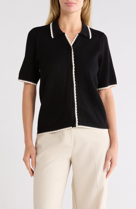 Scallop Trim Short Sleeve Polo Sweater