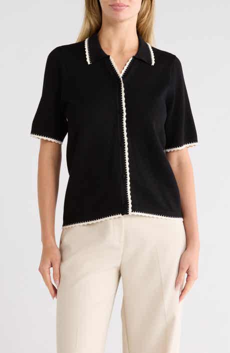 Scallop Trim Short Sleeve Polo Sweater
