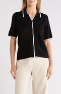 Adrianna Papell Scallop Trim Short Sleeve Polo Sweater