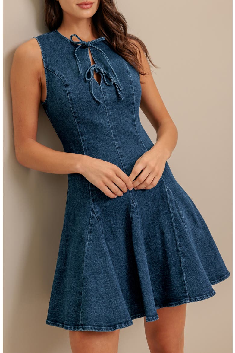 Tie Neck Denim Minidress, Alternate, color, MEDIUM INDIGO