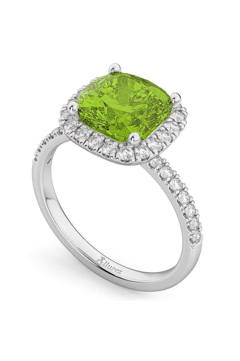 Cushion Halo Peridot & Diamond Engagement Ring 14K Gold, Alternate, color, 3.11ct/White Gold