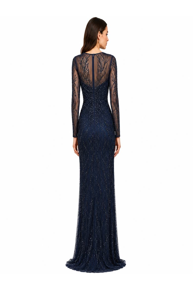 Illusion Neck, Long Sleeve Beaded Gown, Alternate, color, Navy Gunmetal