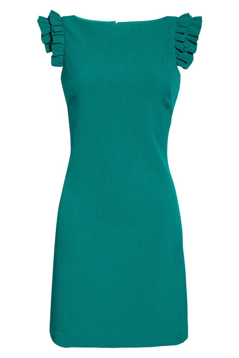 Ruffle Shoulder Crepe Shift Dress, Alternate, color, EMERALD