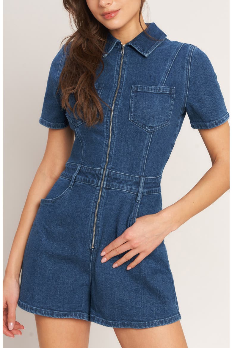 Denim Zip Romper, Alternate, color, MEDIUM INDIGO