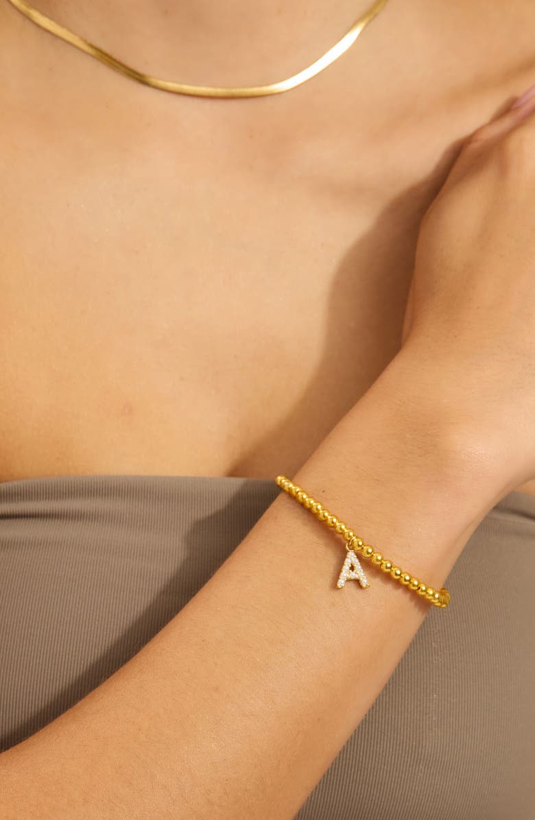 Adornia Faux Pearl Initial Charm Beaded Bracelet, Alternate, color, Gold White-A