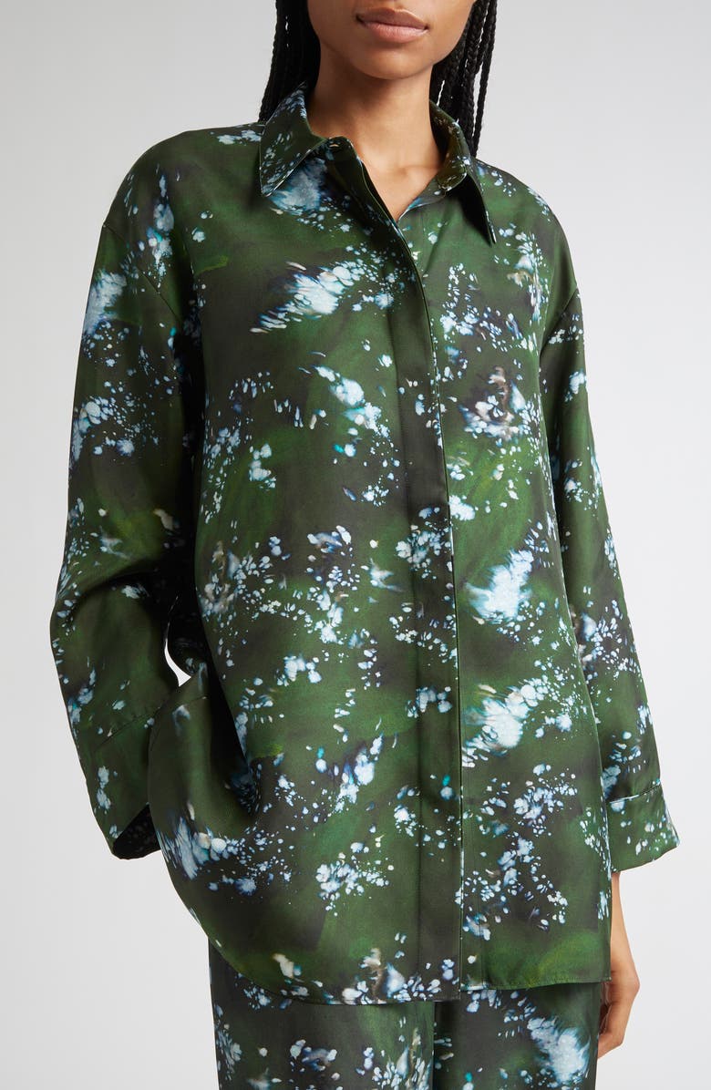 Lafayette 148 New York Boyfriend Oversize Splattered Glaze Print Silk Twill Button-Up Shirt, Alternate, color, Moss Multi