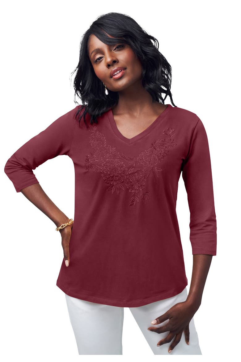 Stretch Cotton Embroidered Tee, Main, color, BURGUNDY FLORAL EMBROIDERY