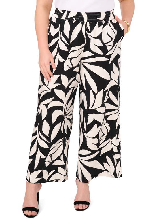 Vince Camuto Plus Size Printed Smocked-waist Wide-leg Pants In Black
