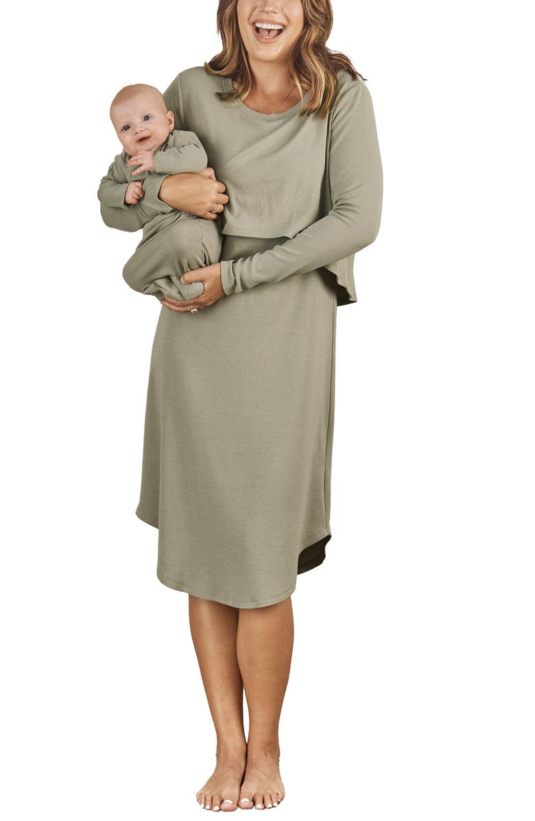 Angel Maternity Leah Long Sleeve Ribbed Maternity/Nursing Dress & Knotted Baby Gown Set, Alternate, color, Green