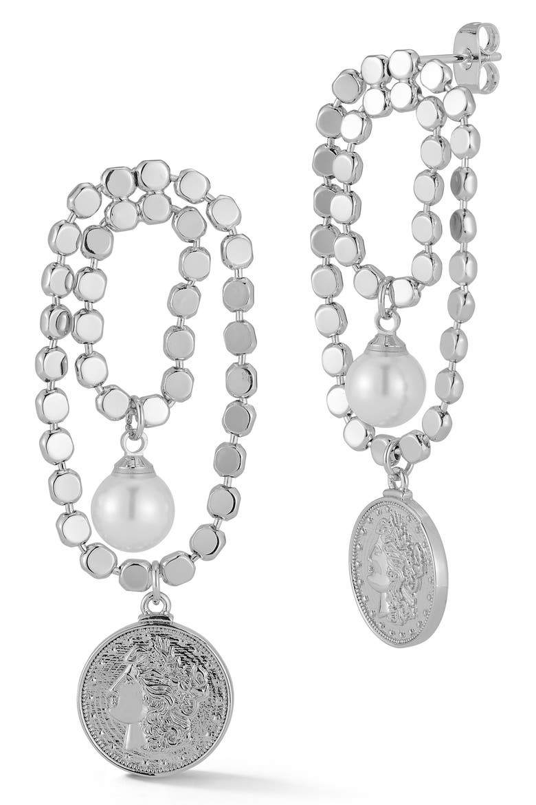 Freshwater Pearl & Coin Drop Earrings, Main, color, SILVER